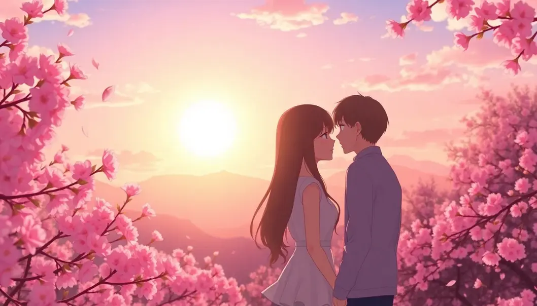 Anime couple under cherry blossoms at sunset, representing harmonious love.