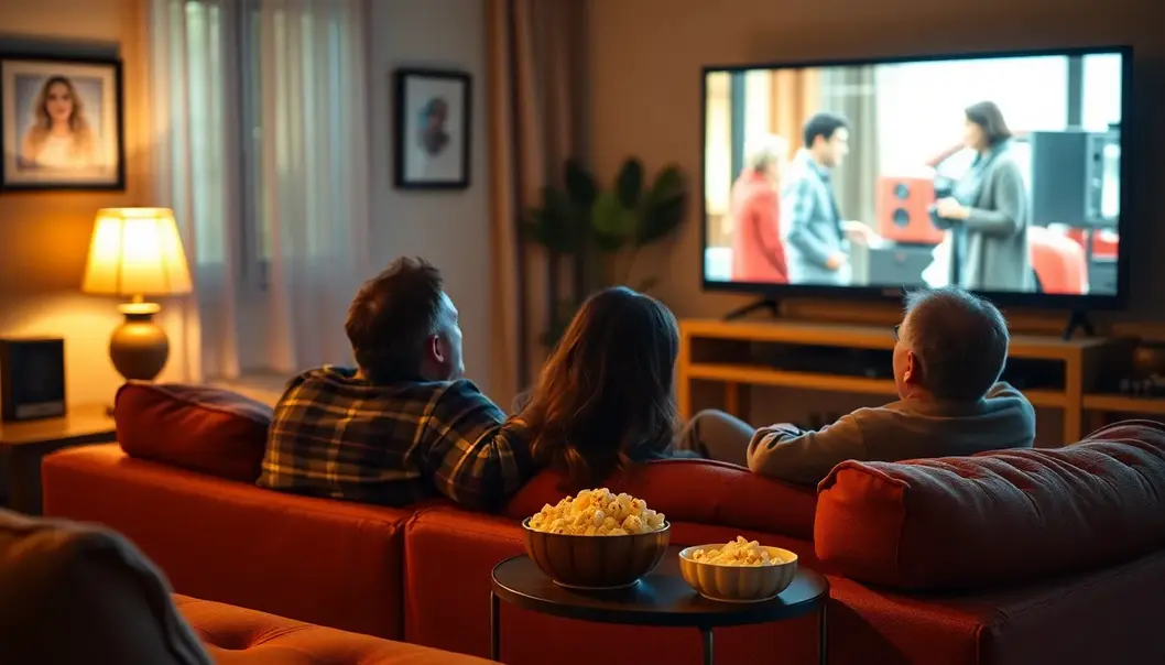 Couple enjoying a classic romantic comedy in a cozy setting.