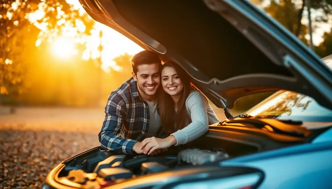 A newlywed couple engaged in car maintenance, surrounded by a serene autumn landscape.