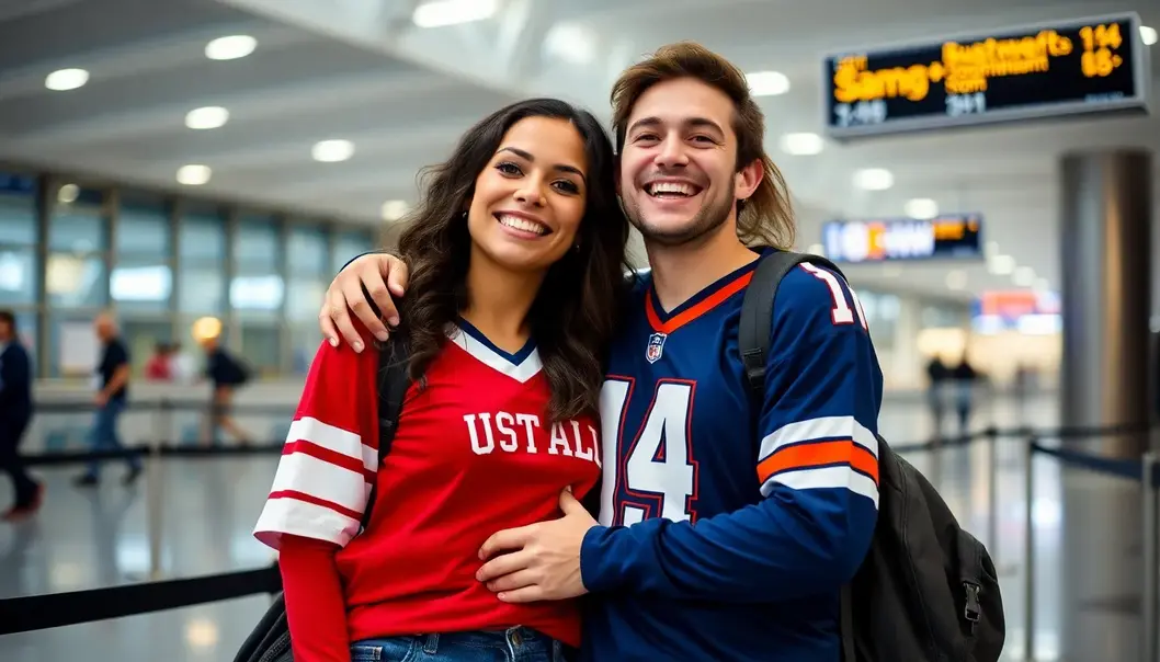 Couple in sports jerseys embracing joyously at an airport.