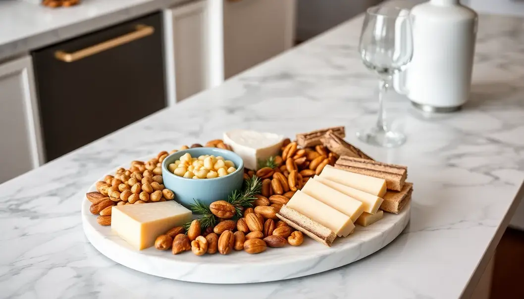 Elegant high-protein snacks arranged on a marble countertop.