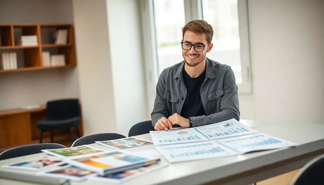 A young person comparing different service providers using brochures and charts.