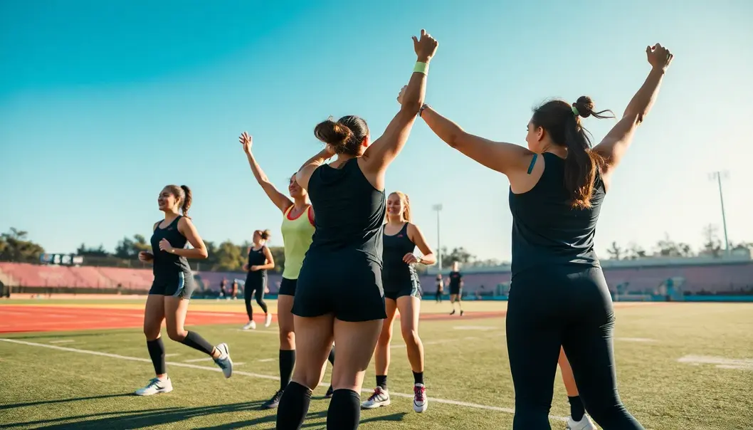A group of female athletes celebrating on a sports field, expressing unity and empowerment.