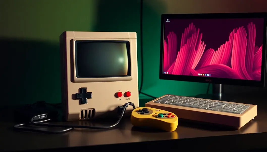 A juxtaposition of a pixelated game console and modern gaming setup symbolizing gaming's evolution.