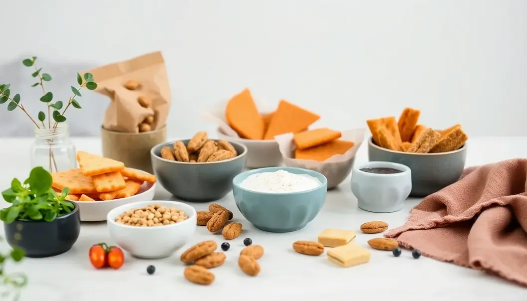 High-protein snacks displayed on a minimalist table with designer elements.