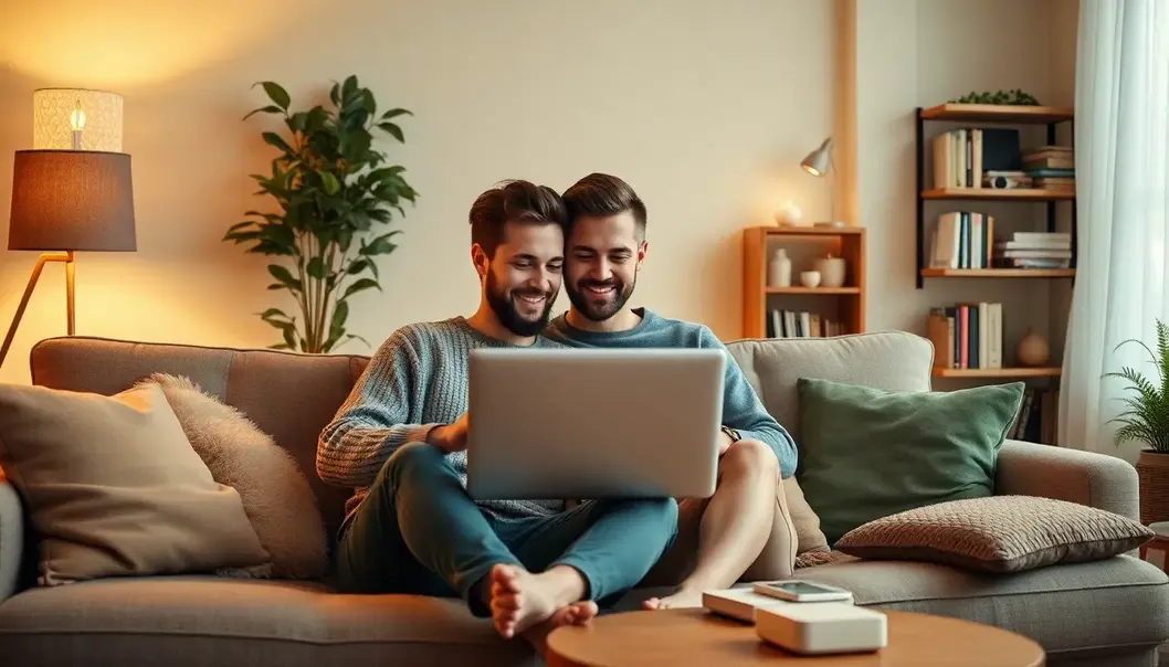 A couple collaborates on a laptop in a cozy room with warm décor, highlighting a shared workspace.