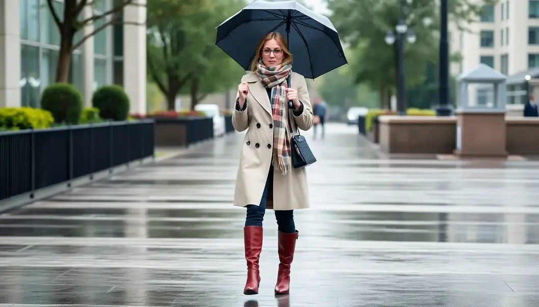 A professional woman showcases a layered outfit perfect for rainy days.