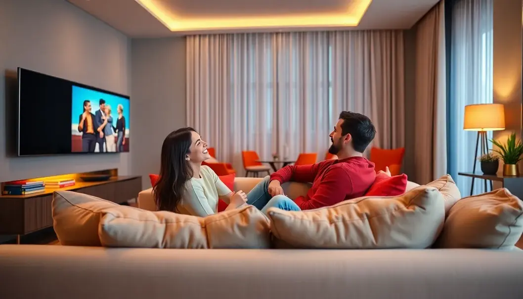 Couple enjoying a classic romantic comedy in a cozy setting.