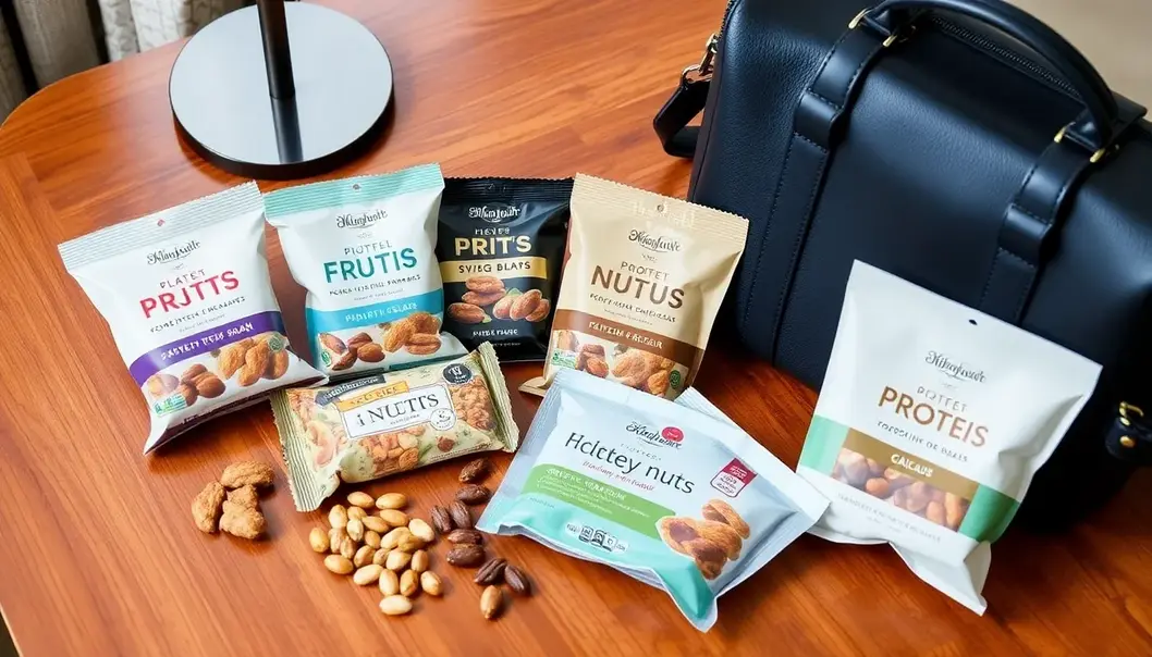 Elegant high-protein snacks arranged on a marble countertop.