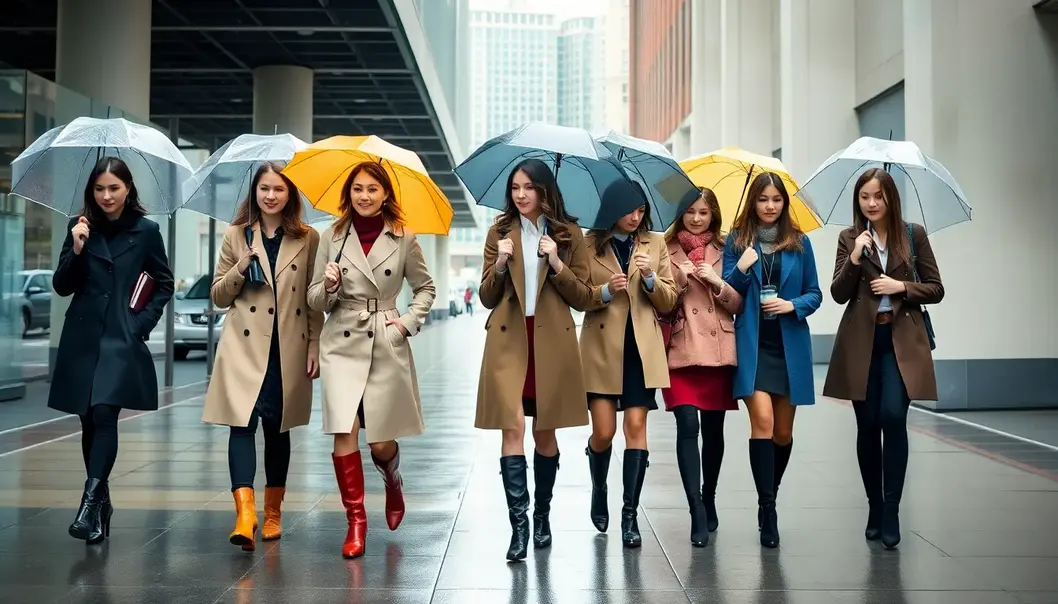 Group of professionals in chic rainy day attire walking in a cityscape.