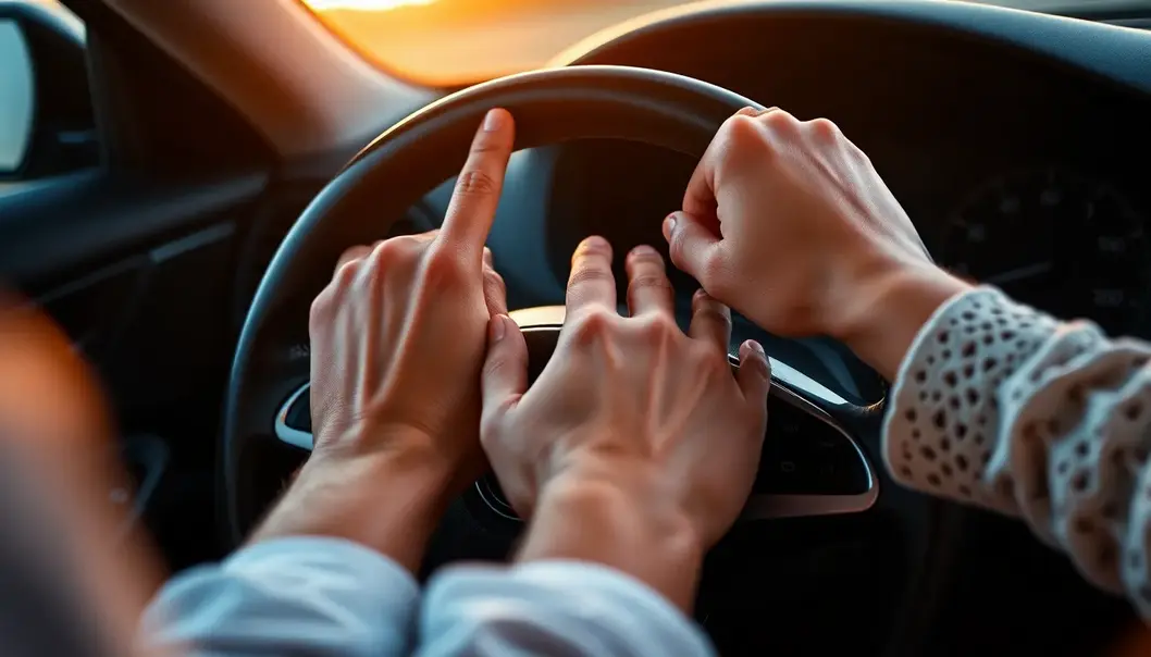 Close-up of joined hands on a steering wheel, symbolizing unity.