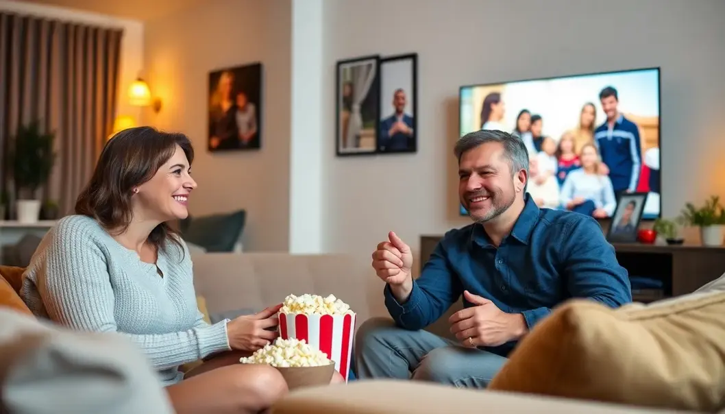 A couple watches a romantic comedy in a warmly-lit room with a bowl of popcorn between them.