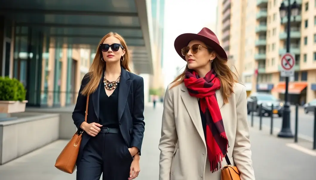 A fashionable outfit set against an urban backdrop, illustrating the harmony between minimalist and bold accessories.